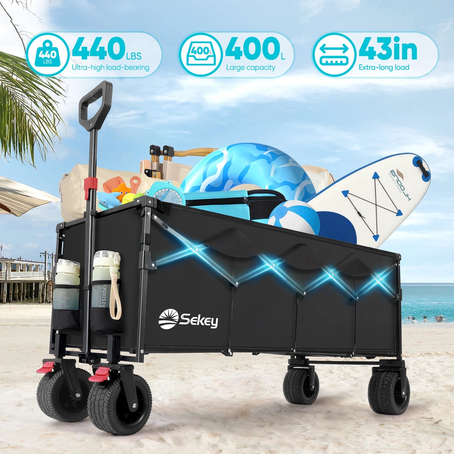 440 Pounds Collapsible Beach Wagon Extra Long 43 Inch Folding Cart Heavy Duty