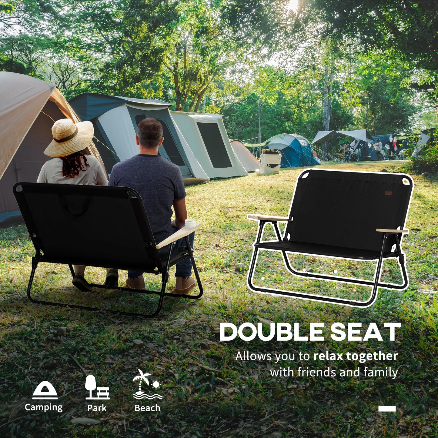 Double Folding Loveseat Camping Chair with Armrests and Cup Holder Black