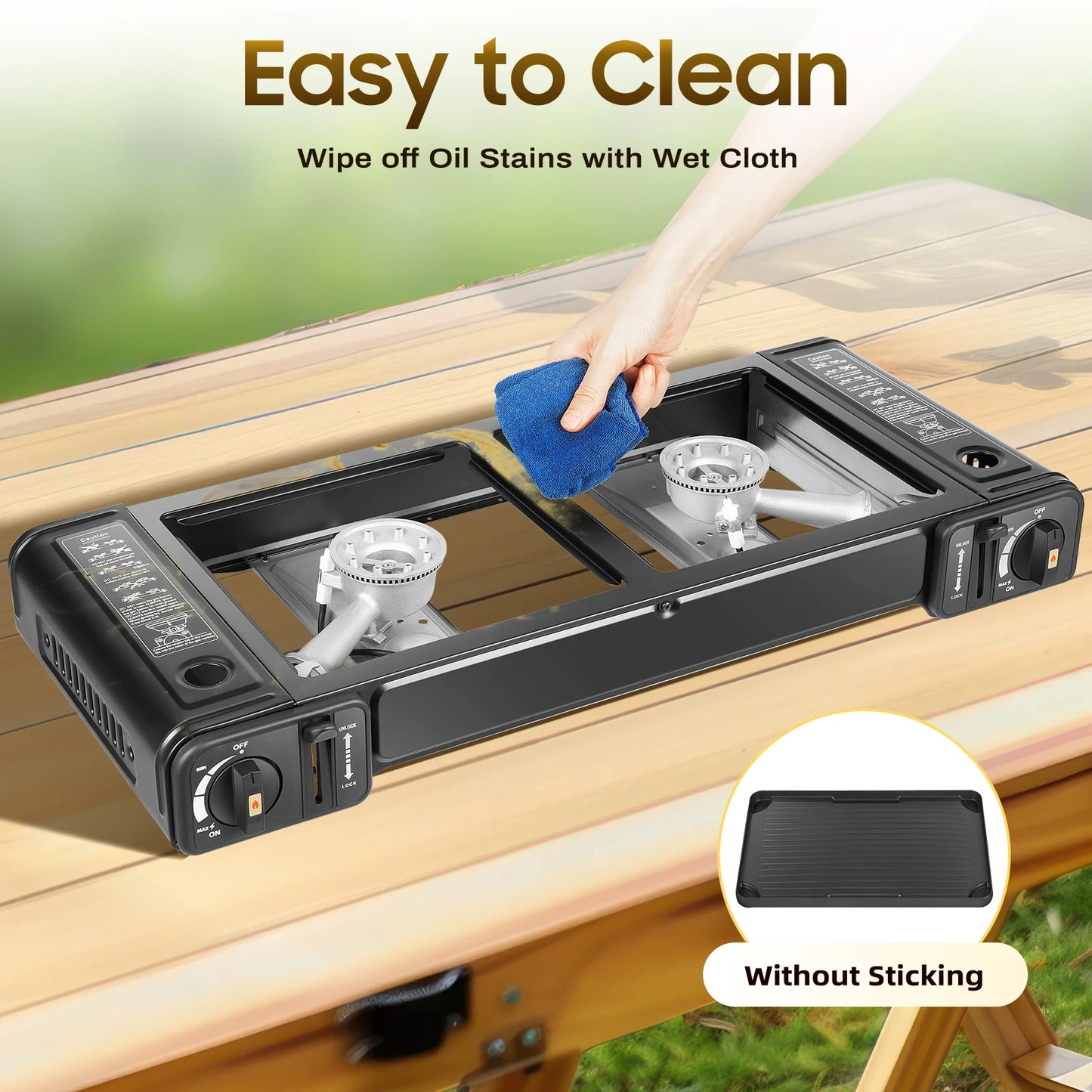 Portable Dual Burner Camping Stove with Grill Tray and Storage Case for Outdoor Cooking