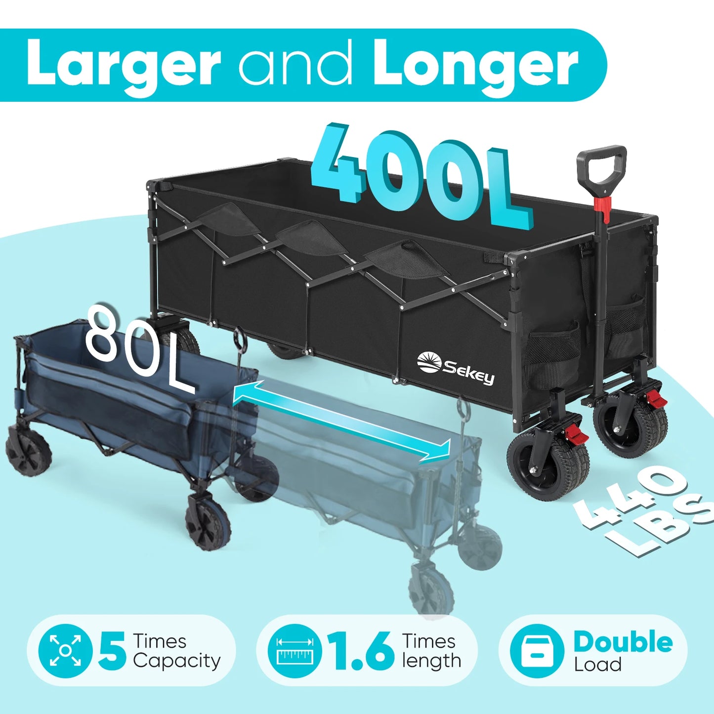 440 Pounds Collapsible Beach Wagon Extra Long 43 Inch Folding Cart Heavy Duty