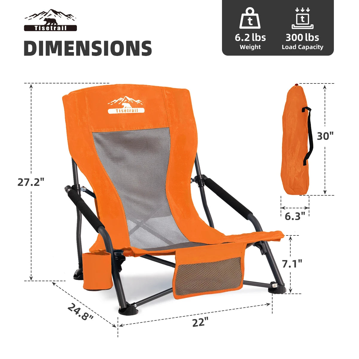 Tisetrail Portable Beach Chair with Cup Holder Lightweight Folding Orange Chair