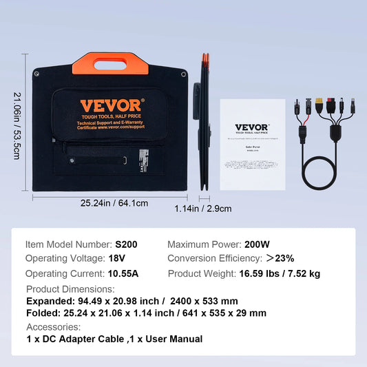 VEVOR Portable 200W Monocrystalline Solar Panel for Camping and Hiking