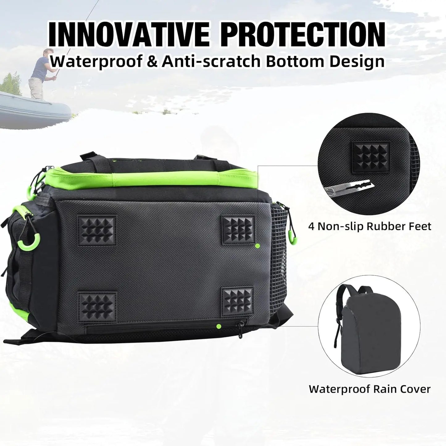 Fishing Tackle Backpack with Rod Holders Tackle Boxes Rain Cover and Insulated Bag