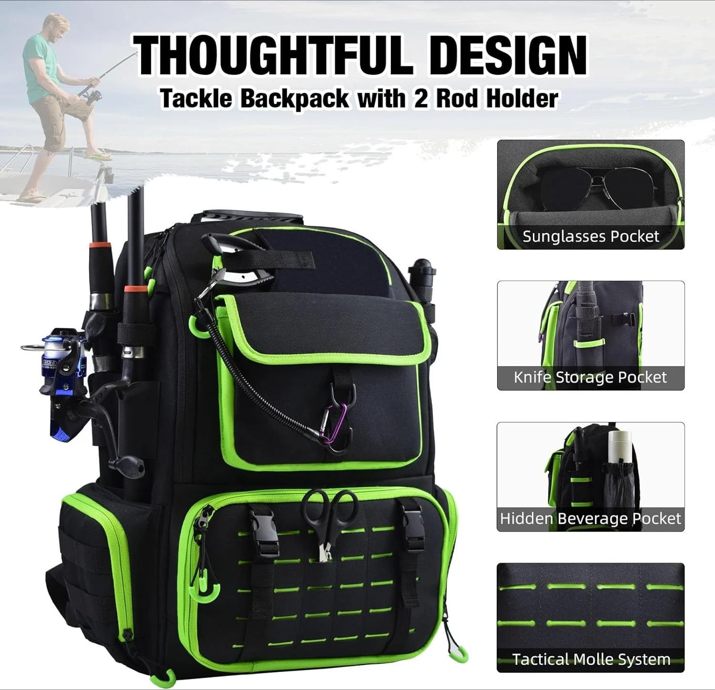 Fishing Tackle Backpack with Rod Holders Tackle Boxes Rain Cover and Insulated Bag