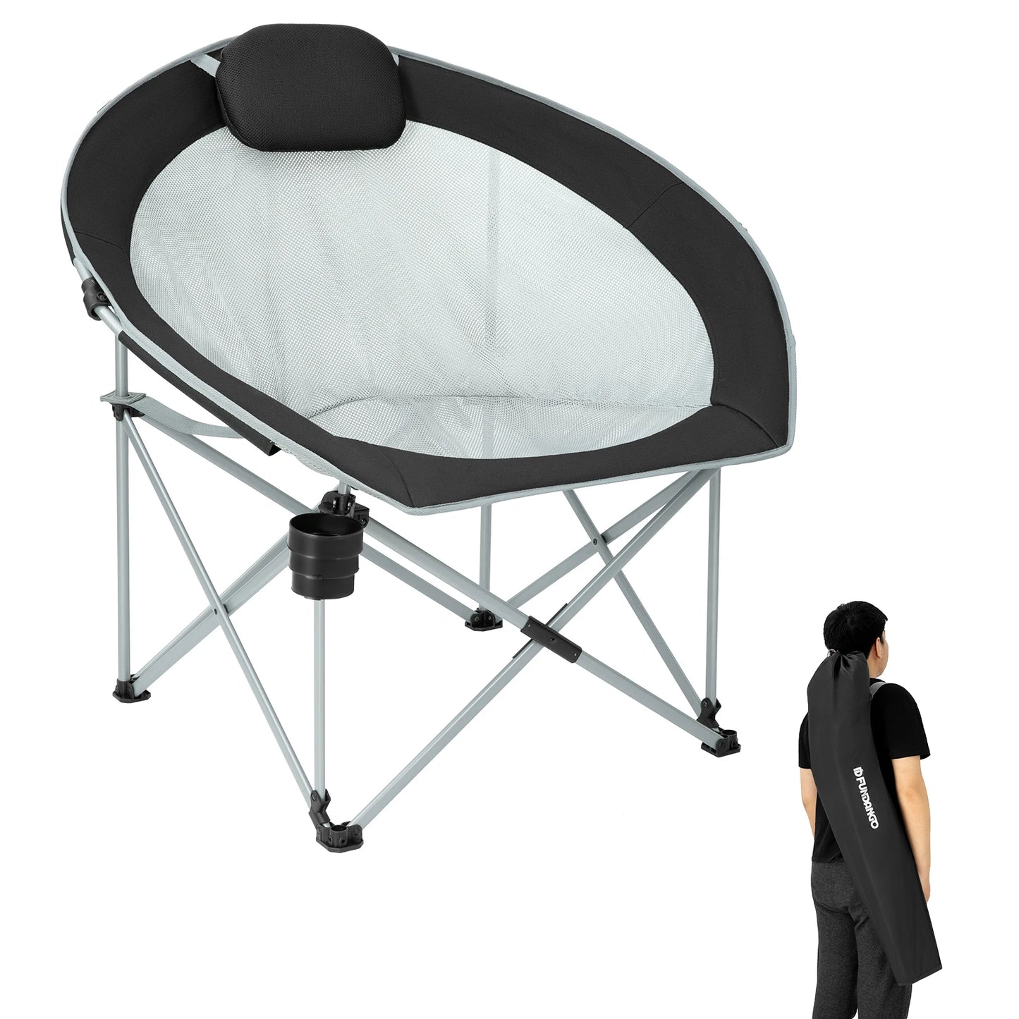 FUNDANGO Oversized Folding Camping Chair with Headrest and Cup Holder