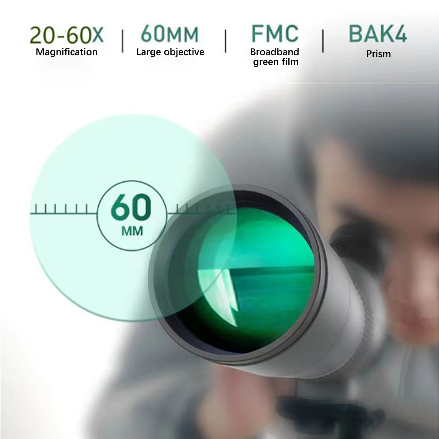 20-60X60 Zoom Angled Birdwatching Scope with HD Night Vision and Green Film