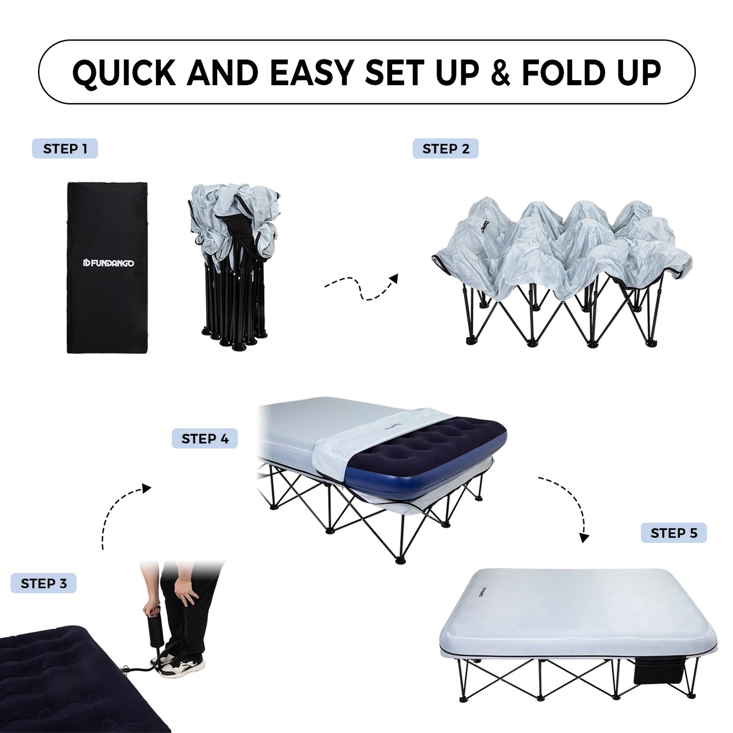 FUNDANGO Fold-Out Bed for Two with Integrated Side Table and Oxford Cloth Top