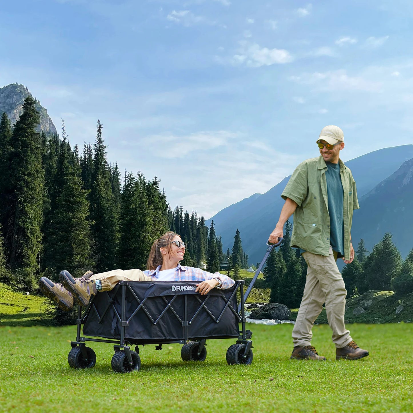 FUNDANGO Foldable Camping Van Portable Table with Large Wheels and Side Pockets