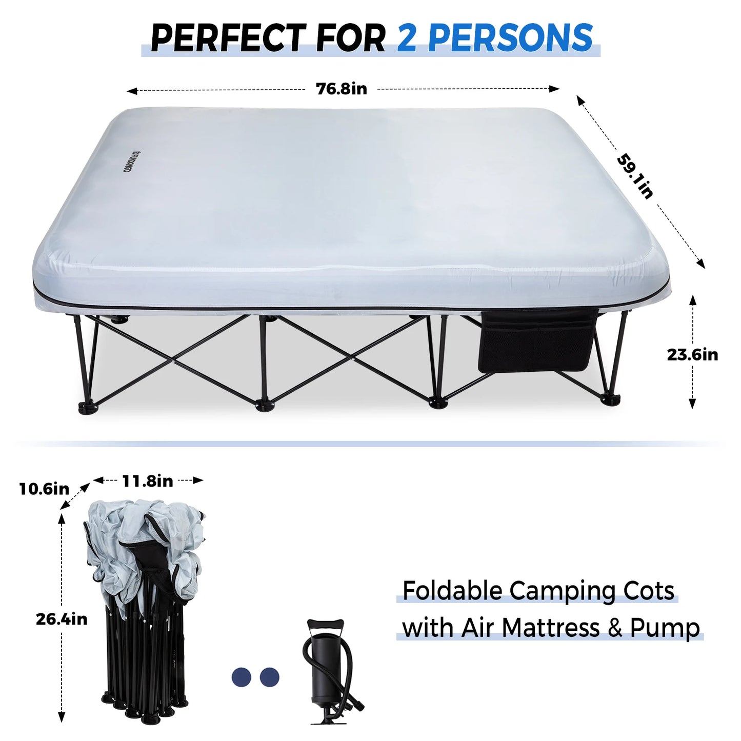FUNDANGO Fold-Out Bed for Two with Integrated Side Table and Oxford Cloth Top