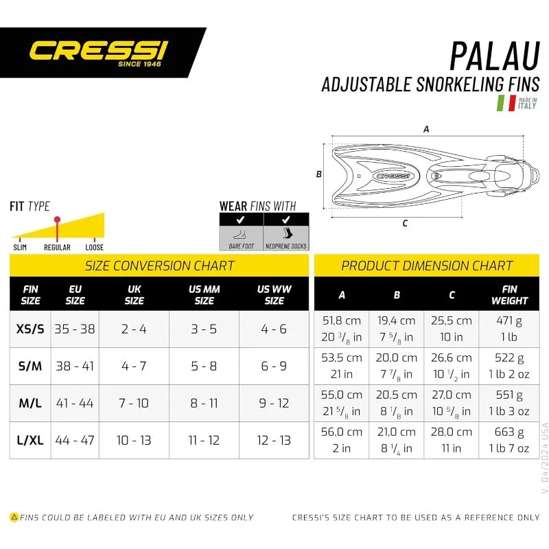 Cressi Palau Adult Travel Snorkel Set with Mask and Fins Made in Italy
