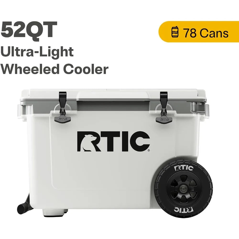 52 Quart Ultra-Light Wheeled Hard Cooler Insulated Portable Ice Chest Box for Beach, Drink, Beverage, Camping, Picnic, Fishing