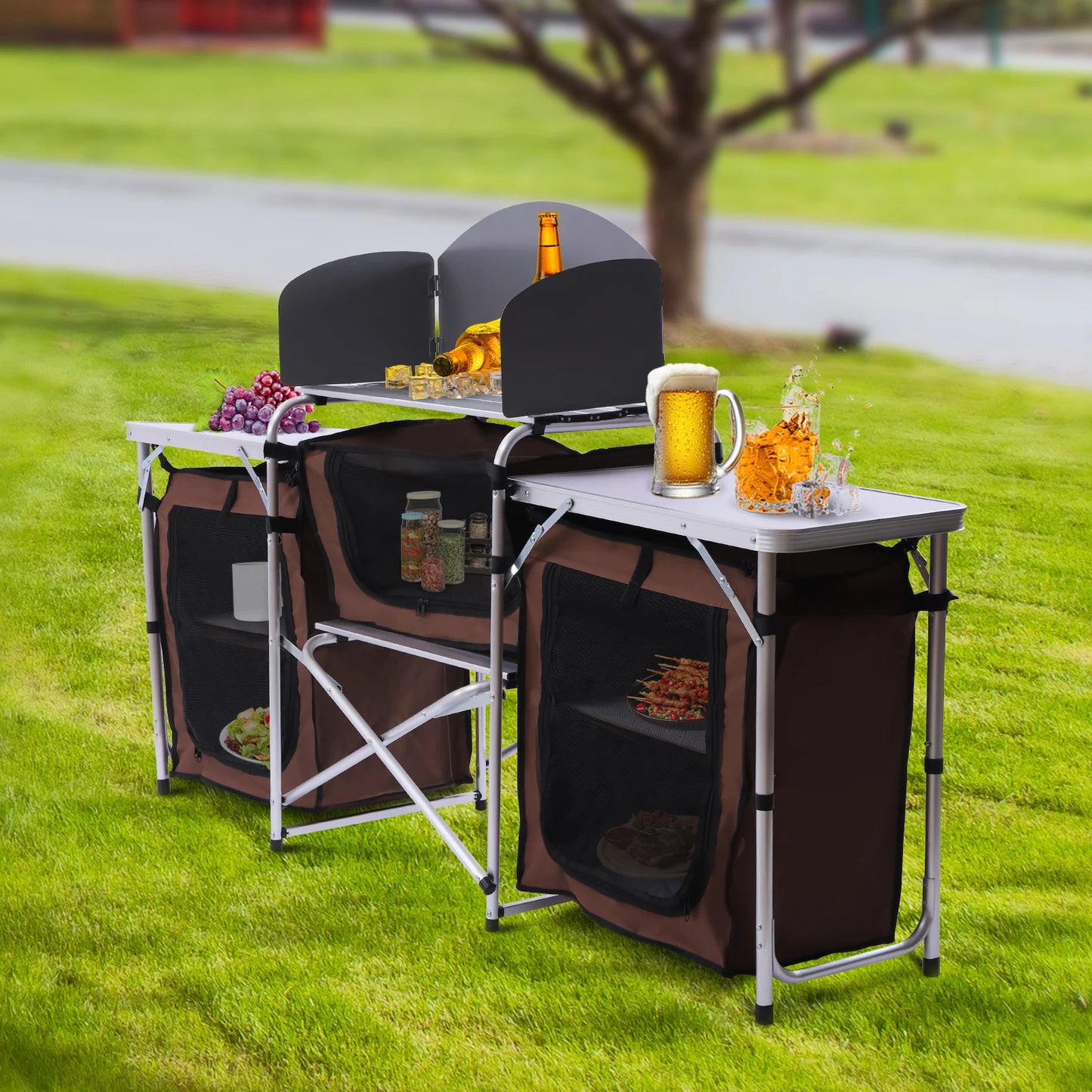 Folding Camping Kitchen Table with Storage and Portable Side Tables