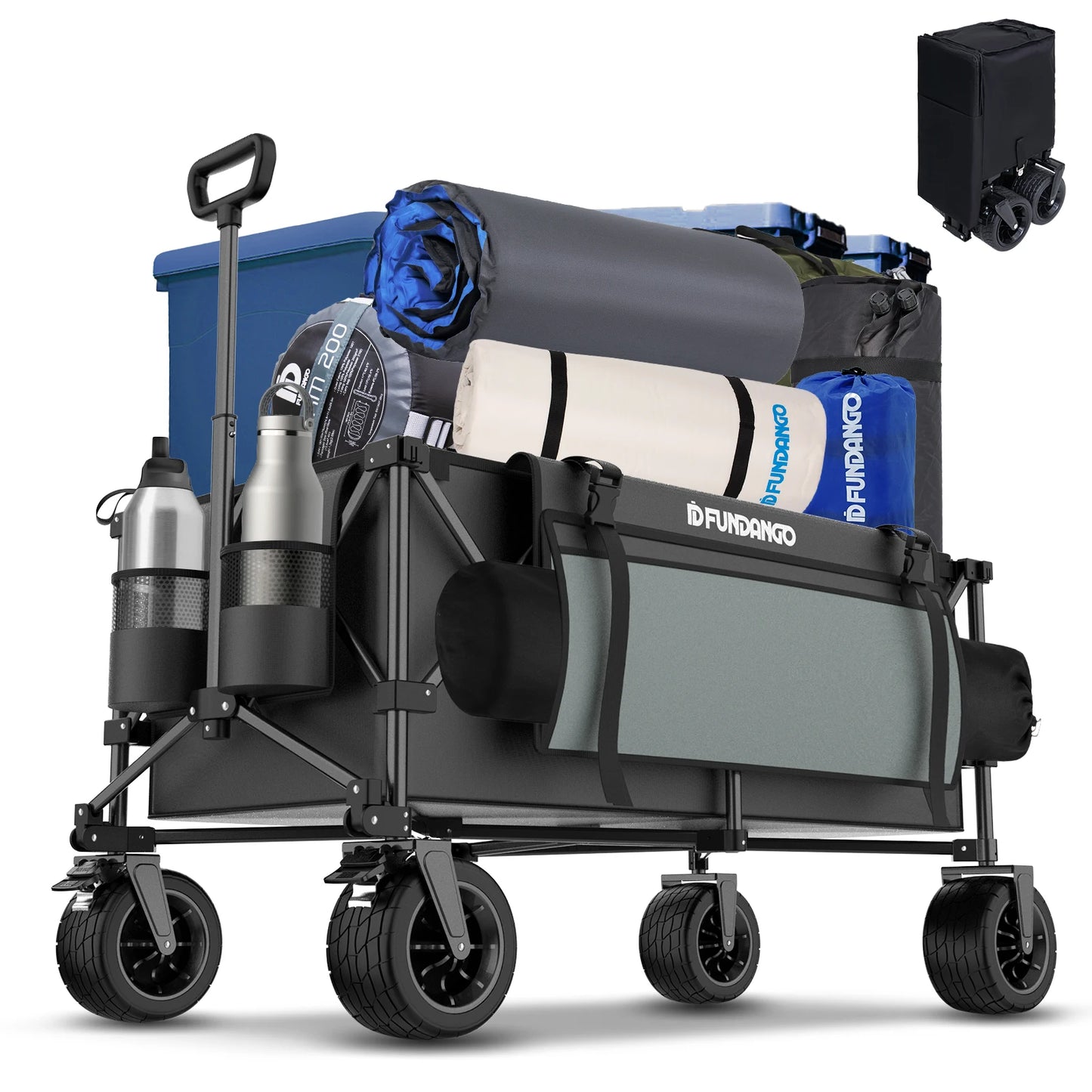 FUNDANGO Foldable Camping Van Portable Table with Large Wheels and Side Pockets