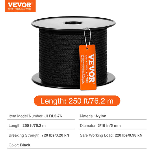 VEVOR 3/16 Inch Nylon Cord 250/1000ft Multi-Purpose Rope for Outdoor Use