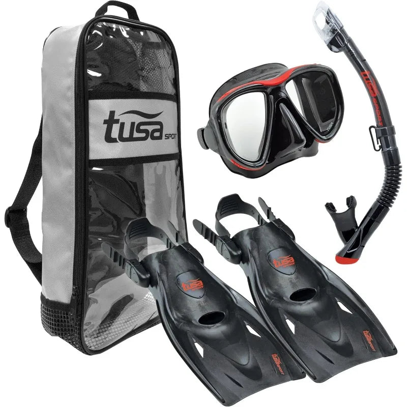 TUSA Sport Adult Powerview Mask Dry Snorkel Fins Travel Set for Underwater Adventures