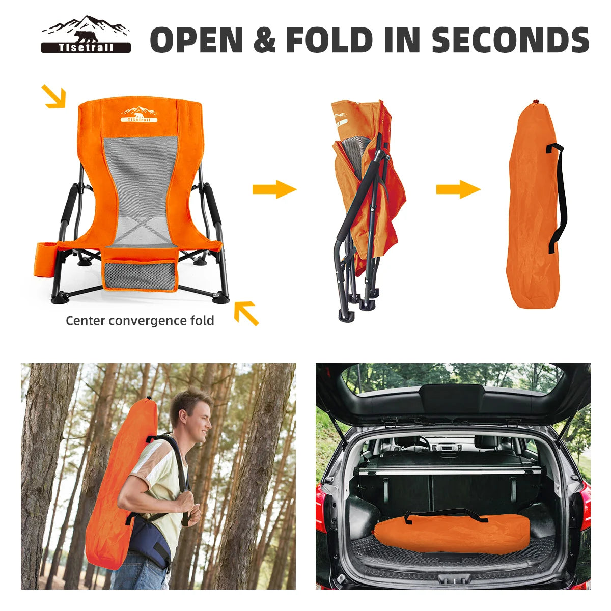 Tisetrail Portable Beach Chair with Cup Holder Lightweight Folding Orange Chair