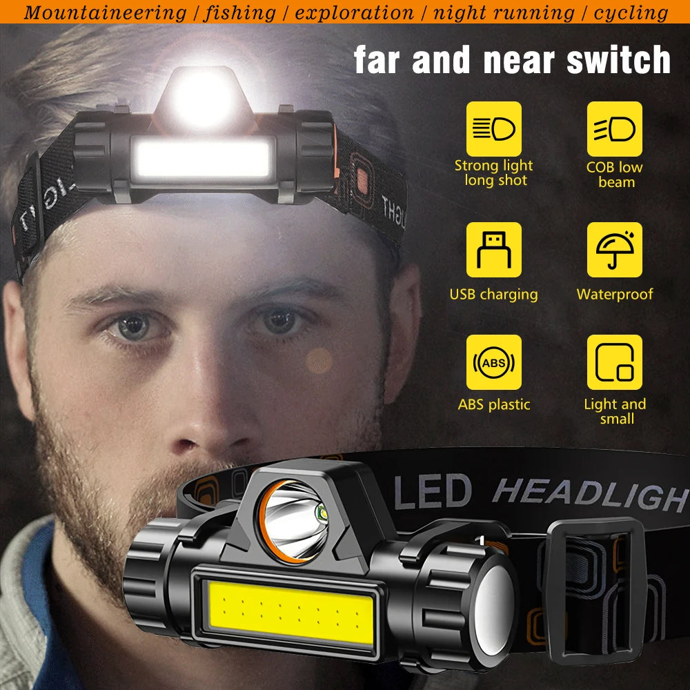 2pcs USB Fast Rechargeable 90W LED Headlamp Dual Light Source for Work and Fishing
