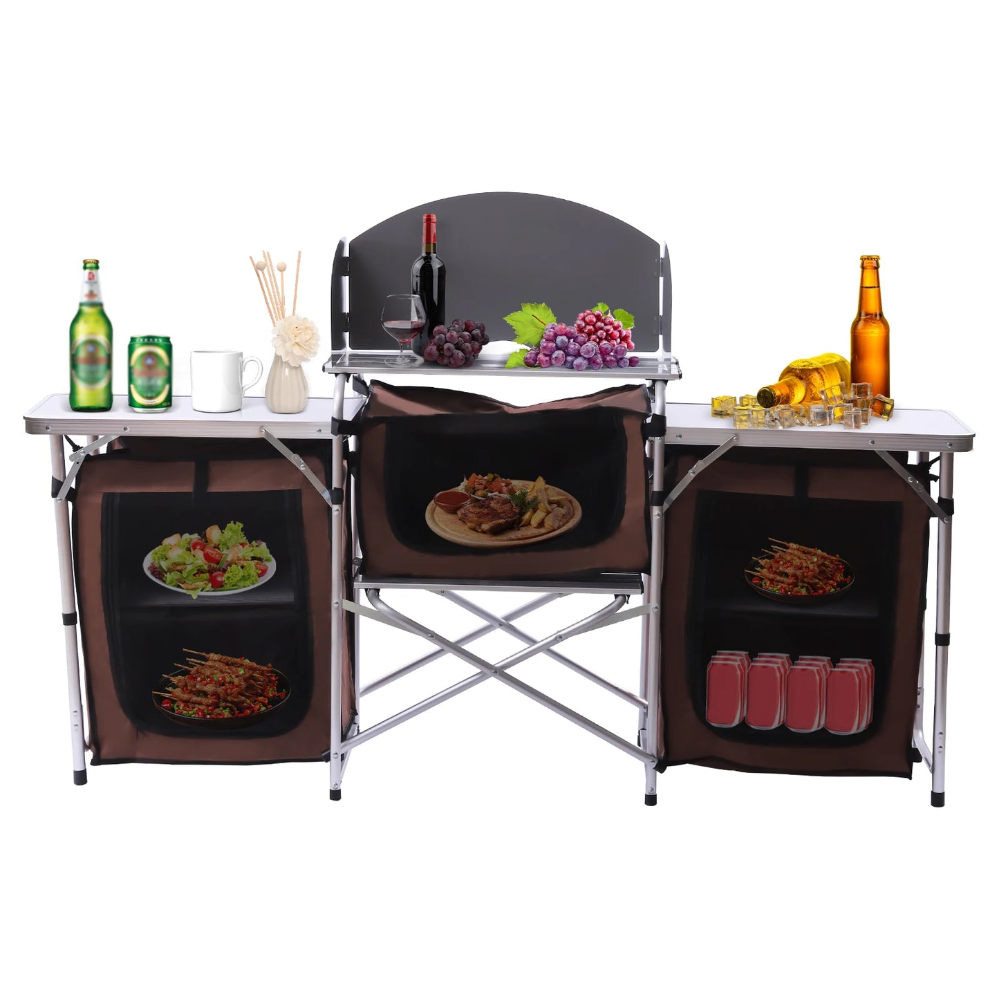 Folding Camping Kitchen Table with Storage and Portable Side Tables