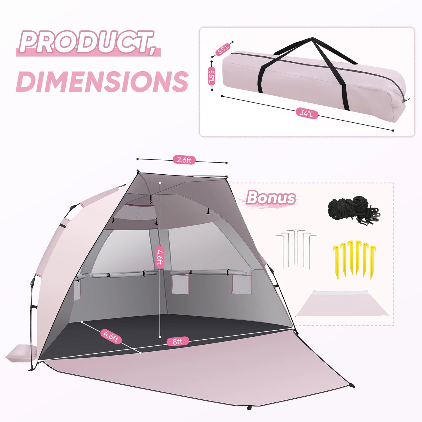 Beach Tent Sun Shelter Pop Up Canopy for 4 to 6 People Easy Setup Portable Shade