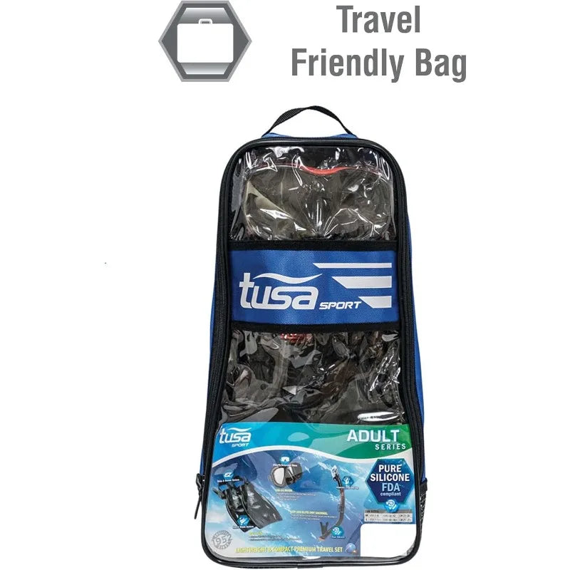 TUSA Sport Adult Powerview Mask Dry Snorkel Fins Travel Set for Underwater Adventures