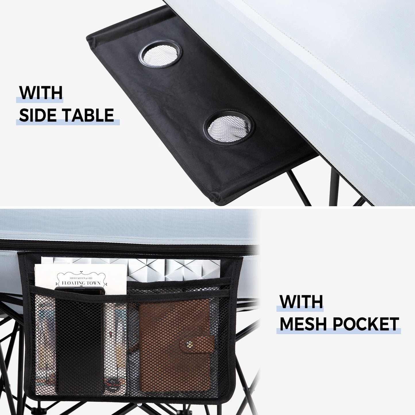 FUNDANGO Fold-Out Bed for Two with Integrated Side Table and Oxford Cloth Top