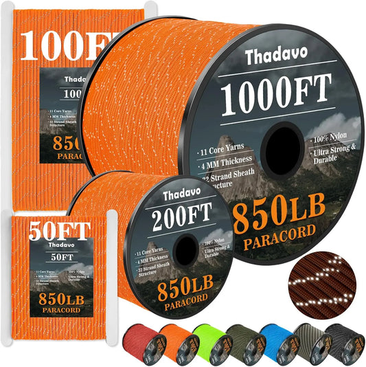 Reflective Paracord Rope 850Ib 50 To 1000Ft Durable 11 Strand Heavy Duty Cord