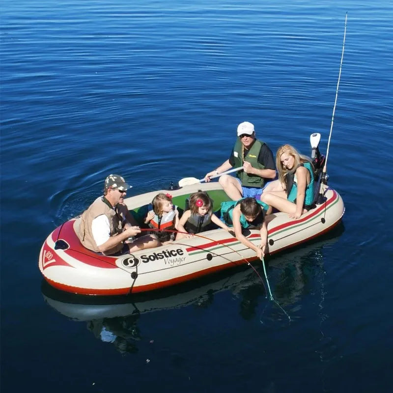 Solstice Voyager Inflatable Fishing Boat for 6 with Dual Oar Locks and Rod Holder