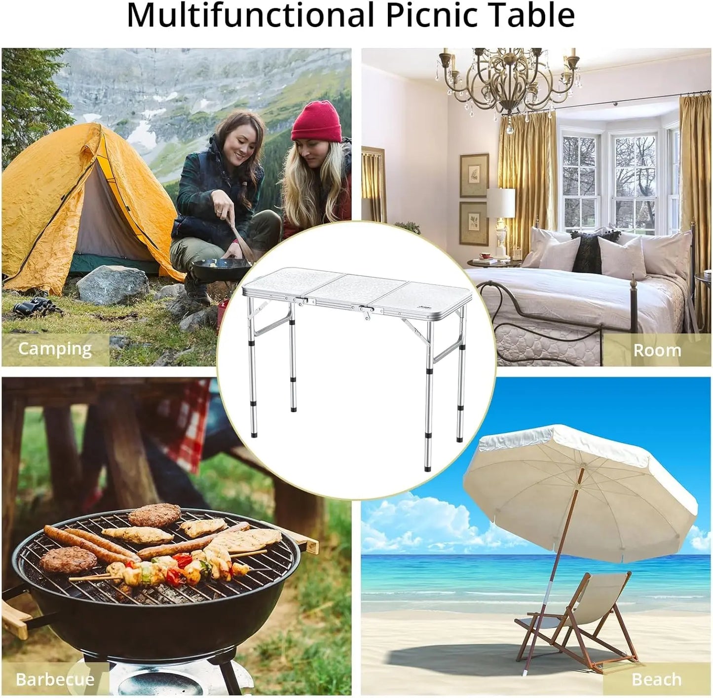 Portable 3ft Folding Camping Table with Adjustable Height and Storage Net