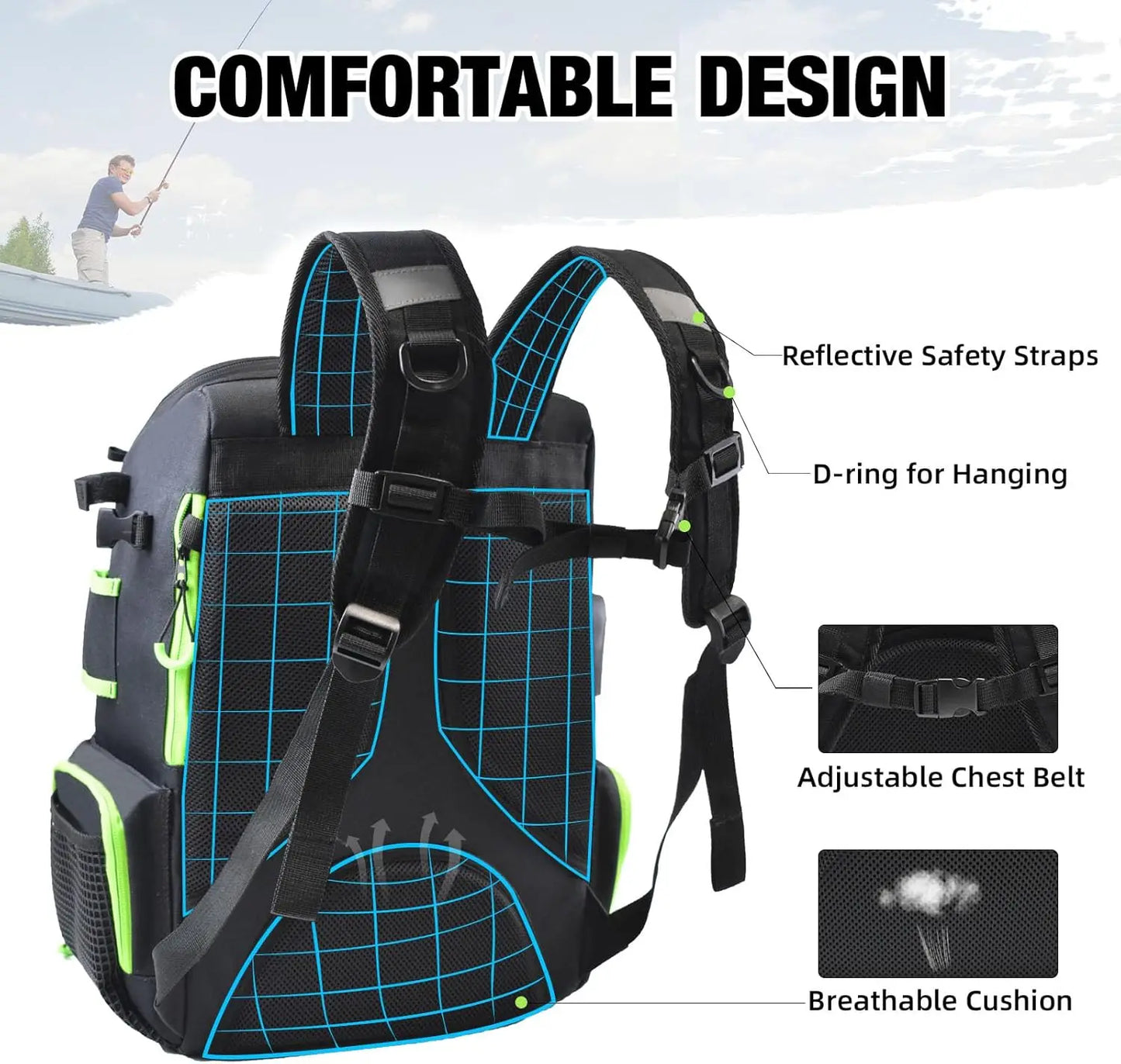 Fishing Tackle Backpack with Rod Holders Tackle Boxes Rain Cover and Insulated Bag