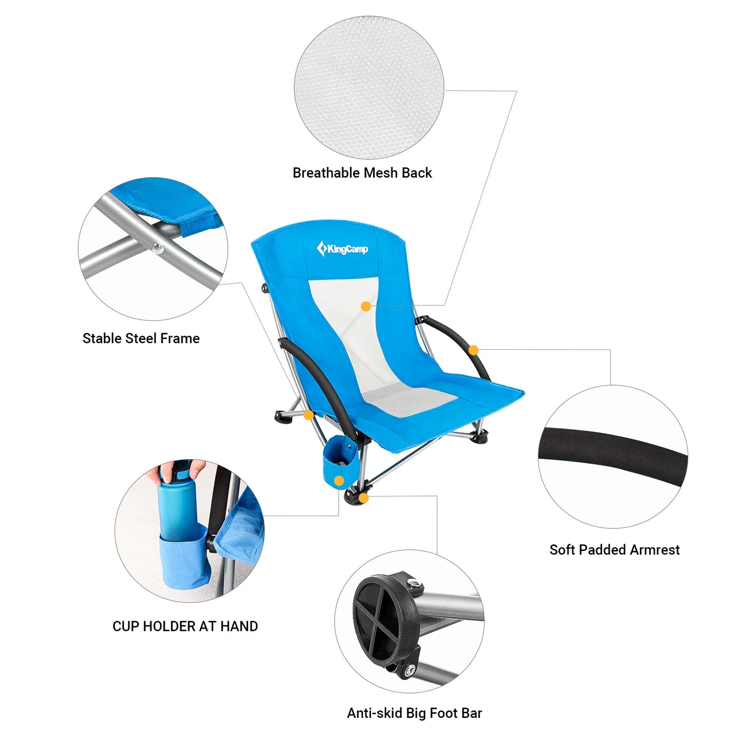 KingCamp Low Seat Folding Beach Chair with Armrests and Cup Holder
