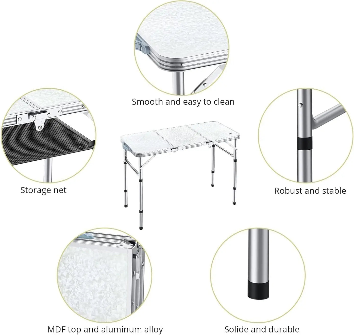 Portable 3ft Folding Camping Table with Adjustable Height and Storage Net