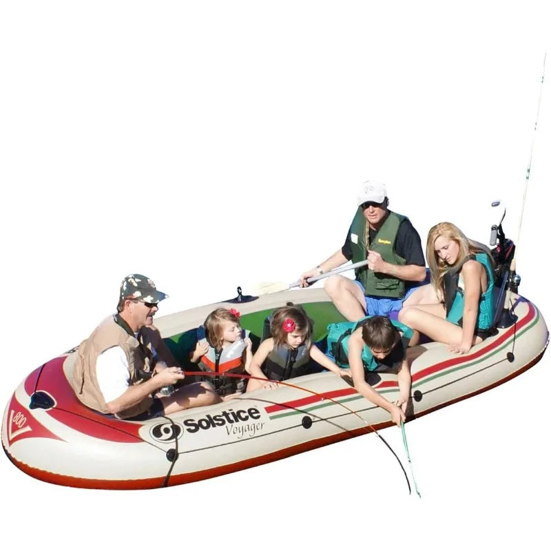 Solstice Voyager Inflatable Fishing Boat for 6 with Dual Oar Locks and Rod Holder